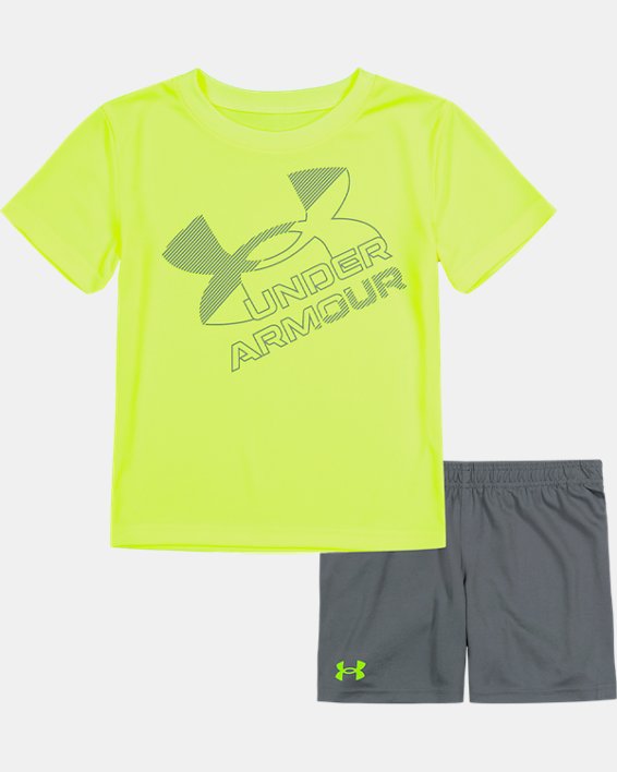 Boys' Pre-School UA Linear Big Logo Short Sleeve & Shorts Set, Green, pdpMainDesktop image number 0